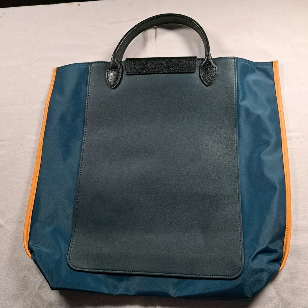 Longchamp Cabas Re-Play Canvas & Leather Two-Tone Tote Teal & Mustard Blk Handle